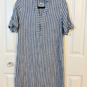 Anne Klein Blue and White Striped Midi Dress w zipper and cute sleeves!  EUC.